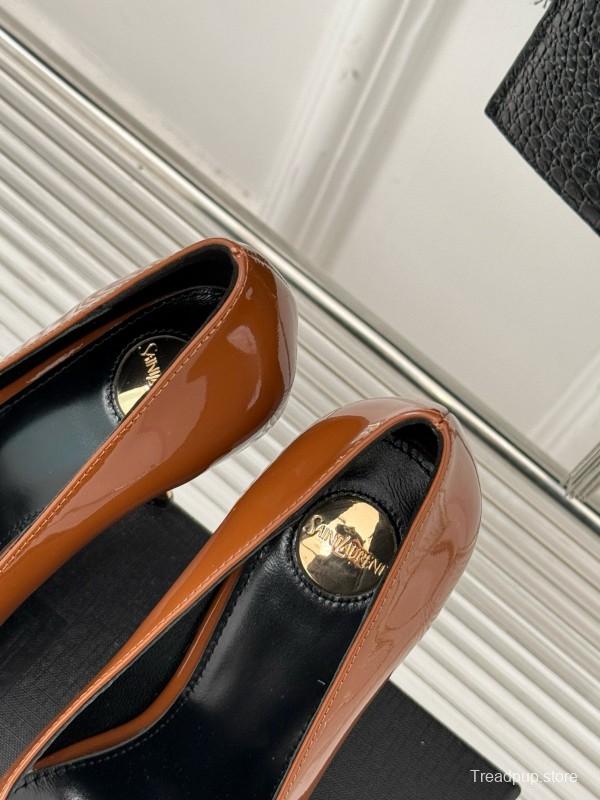 2024 Women Yves Saint Laurent Brown Patent Leather High Heels Metal Tip MJ00330