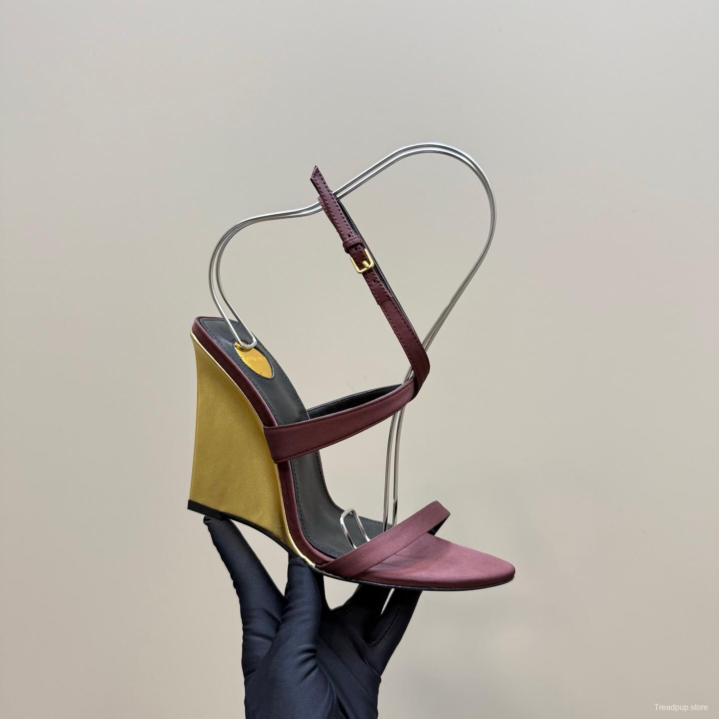 2025 Women Yves Saint Laurent Burgundy Suede Wedge Sandals Elegant Strappy Design KFY00290 (F)