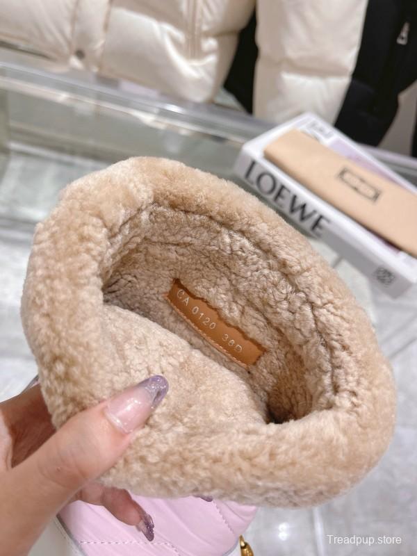 2024 Women Gucci Pink White Leather Shearling Snow Boots