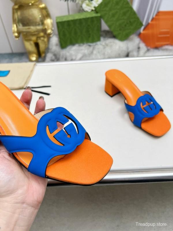 2025 Gucci Orange Blue Leather Slippers
