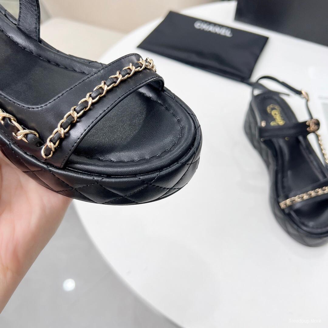 2025 Women Chanel Black Leather Sandals Chain LY00260