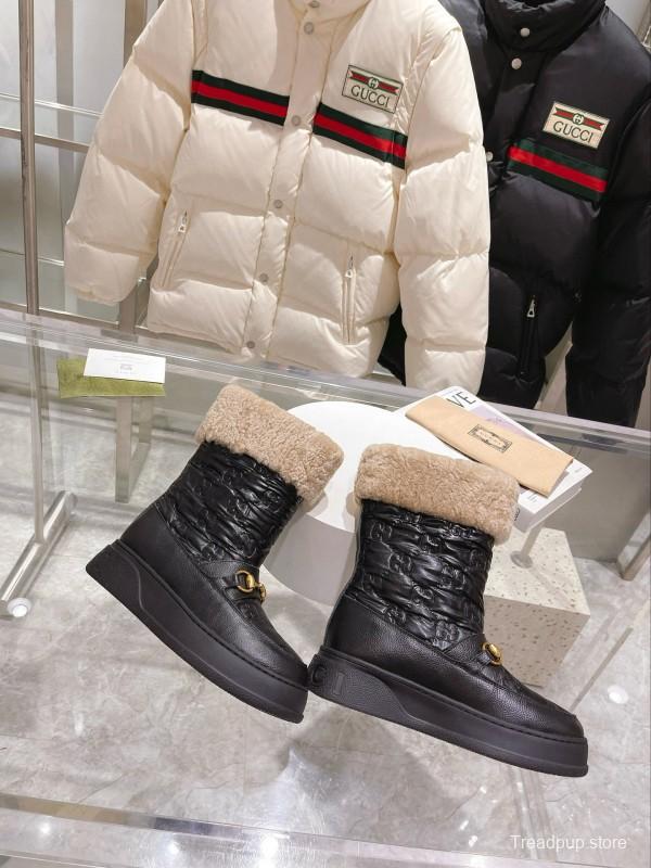 2024 Women Gucci Black Sheepskin Snow Boots Metallic Hardware MJ00420