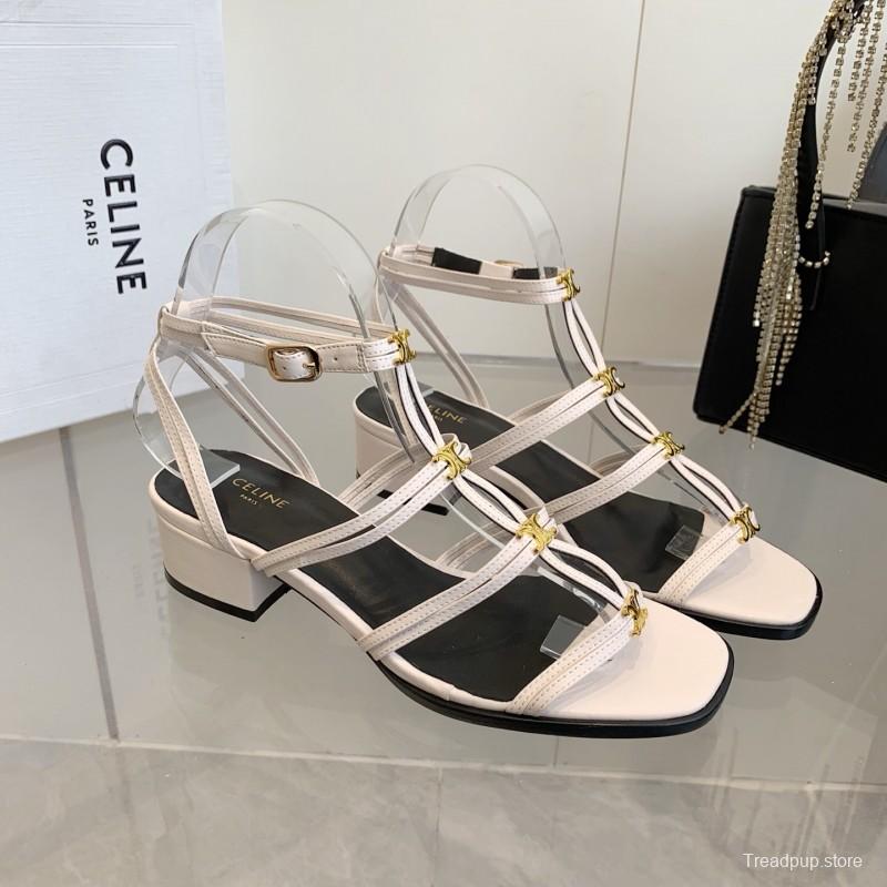 2025 Women CELINE White Leather Sandals Metal Detail KFY00300