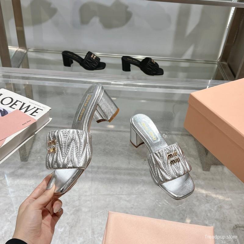 2025 Women Miu Miu Silver Leather High Heel Sandals