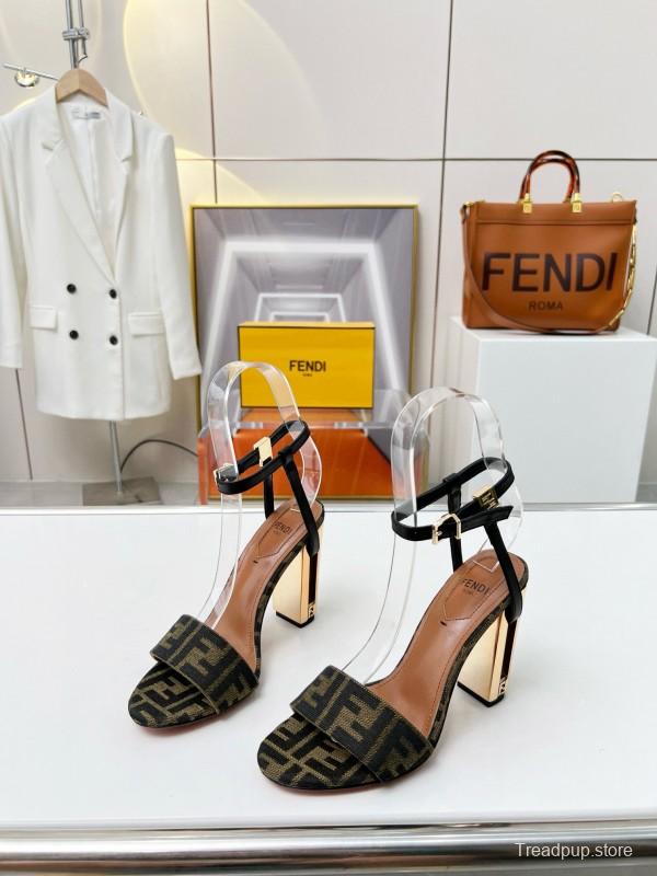 2025 Women Fendi Brown Black Leather Fabric High Heel Sandals
