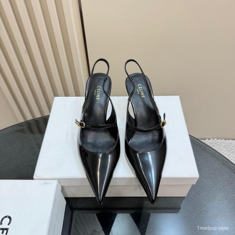 2025 Women Celine Black Patent Leather Slingback Pointed Toe Heels KFY00310