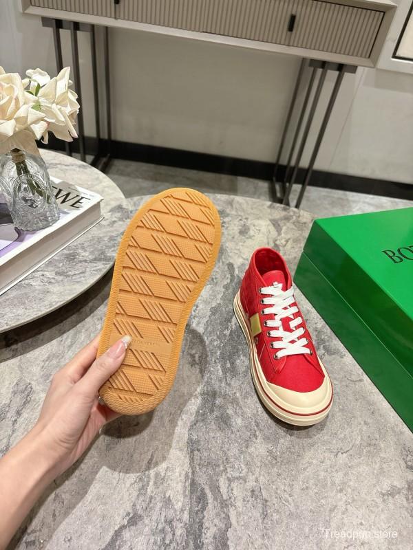 2025 Unisex Bottega Veneta Red Yellow Canvas Leather Sneakers Hand Painted KFY00260(F/M)