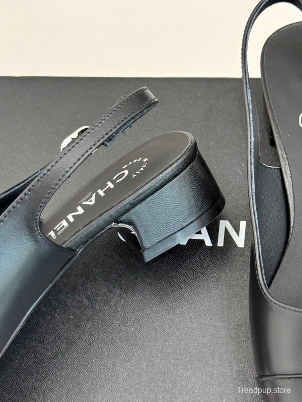 2025 Women Chanel Black Leather Slingback Flats