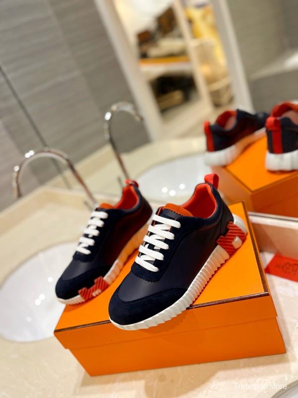 2024 Unisex Hermès Navy Red White Imported Glazed Calf Suede Rain Velvet Sneakers MJ00320