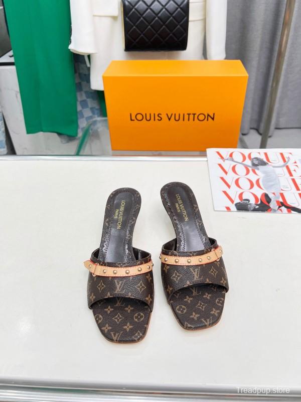 2025 Women Louis Vuitton Brown Leather Kitten Heel Mules LY00260