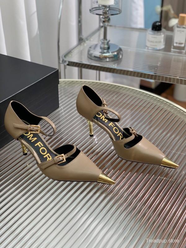 2025 Women TOM FORD Beige Leather Pointed Toe Metal Tip Pumps KFY00320
