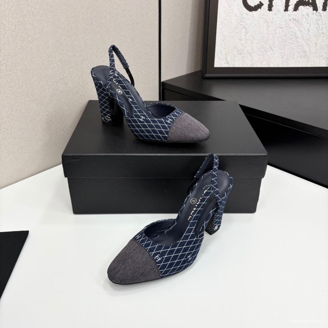2025 Women Chanel Blue Denim Fabric Slingback Shoes
