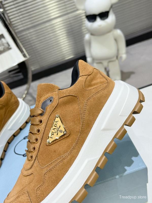 2025 Unisex Prada Brown Suede Leather Sneakers KFY00310