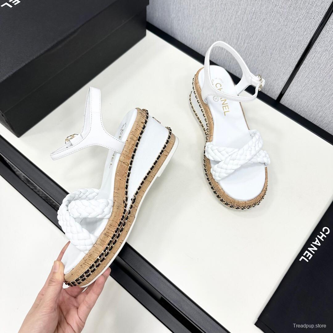 2025 Women Chanel White Leather Wedge Sandals