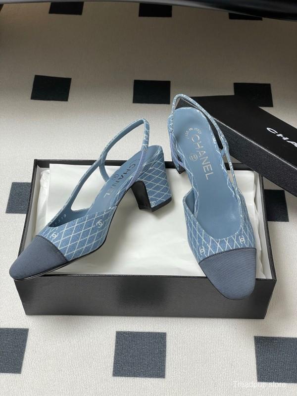 2025 Women Chanel Light Blue Denim Leather Sling-back Heels