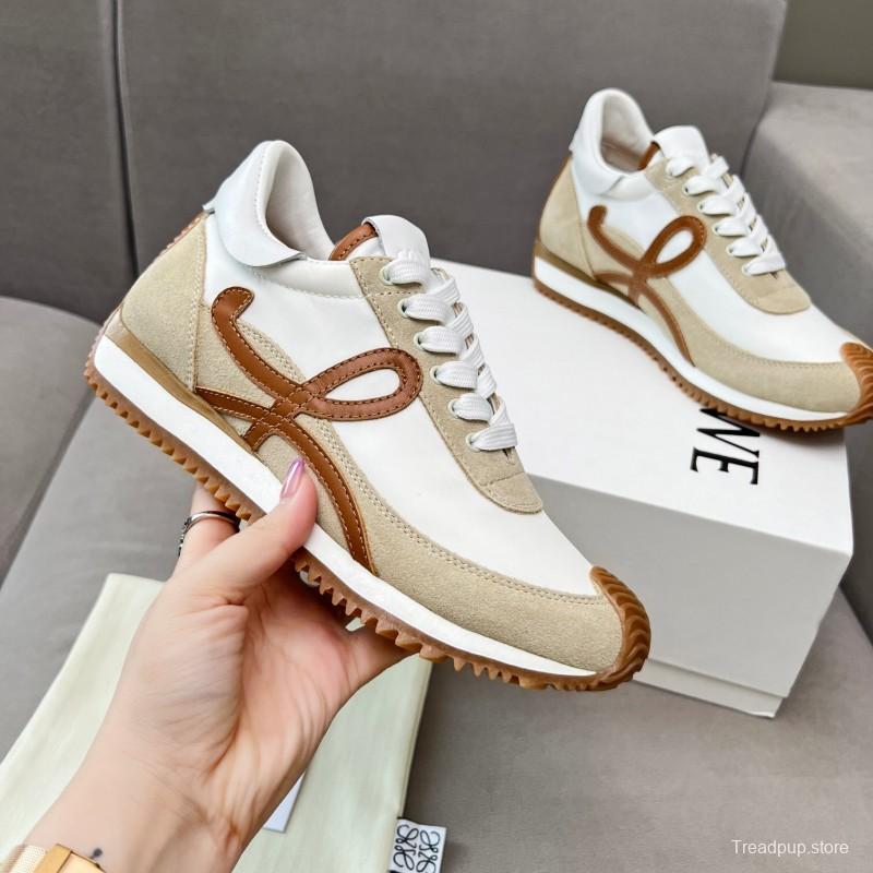 2025 Unisex Loewe White Beige Brown Leather Fabric Sneakers LY00270