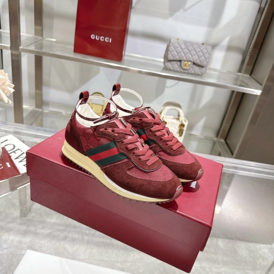 2025 Women Gucci Burgundy Red Suede Fabric Sneakers LY00340