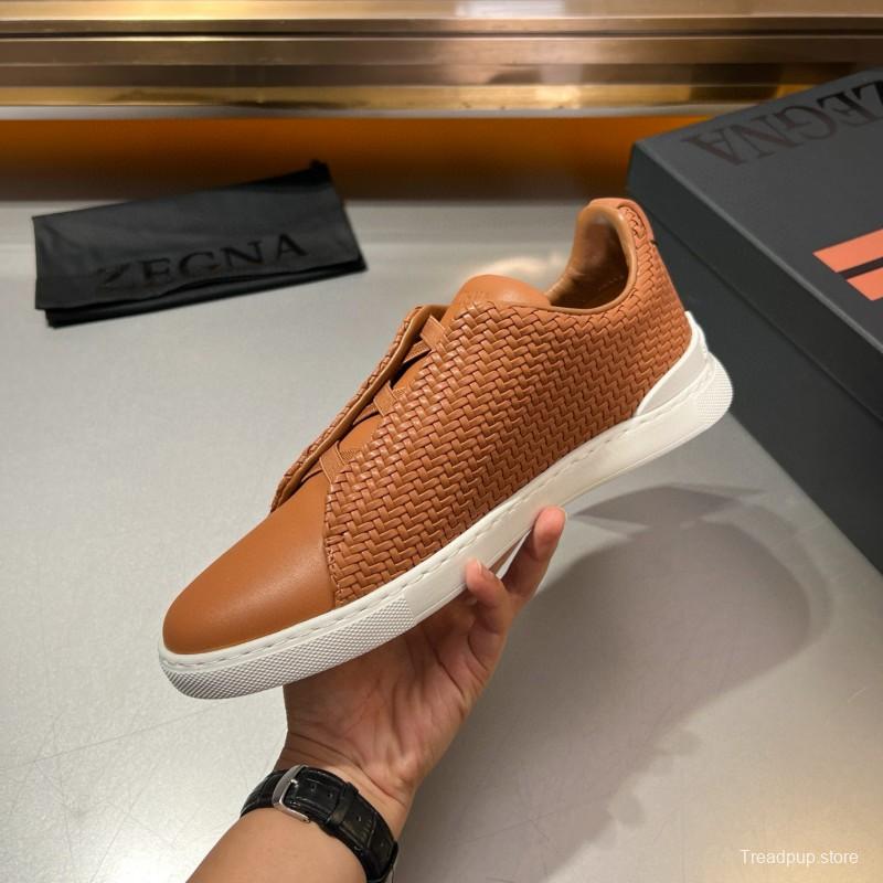 2024 Men Ermenegildo Zegna Brown Leather Woven Sneakers