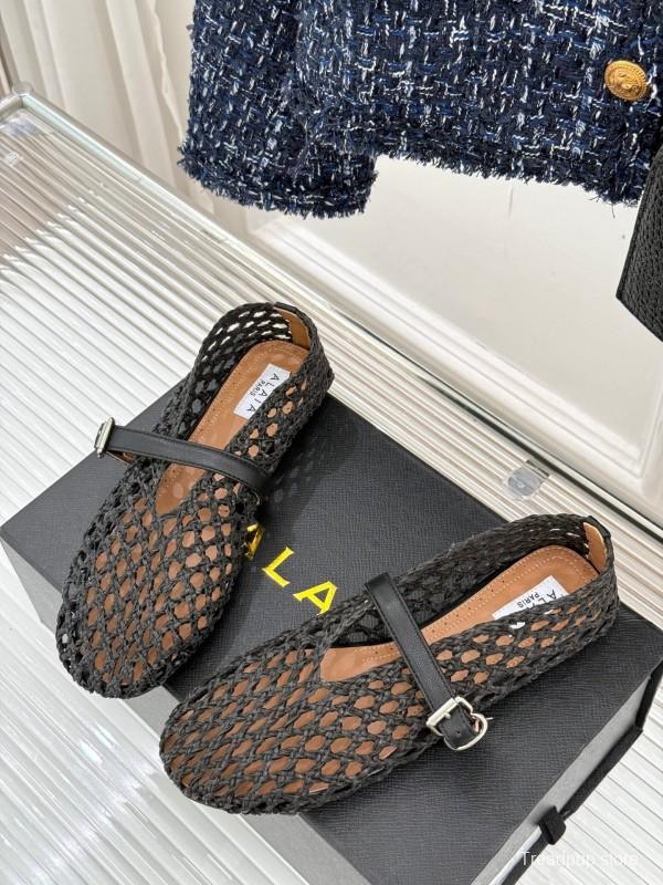 2025 Women AlAIA Black Leather Woven Mary Jane