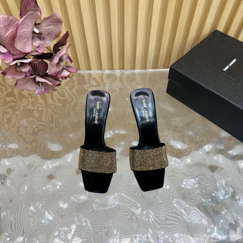 2025 Women Yves Saint Laurent Black Gold Rhinestone Leather High Heel Sandals MJ00300