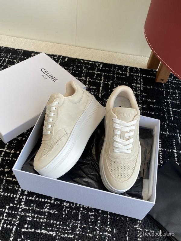2025 Women Celine Beige Suede Platform Sneakers KFY00320