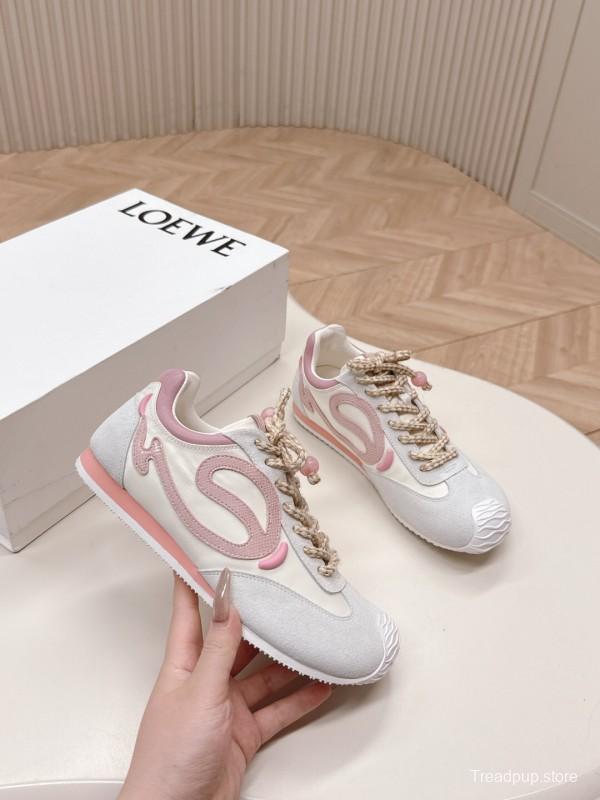 2025 Women Loewe Pink White Leather Balletrunner Ballet Sneakers KFY00300(F)