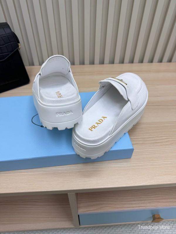 2025 Women Prada White Canvas Platform Loafers