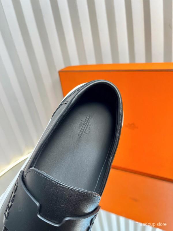 2025 Unisex Hermès Black Leather Fabric Loafers Slip-On LY00310(F)/LY00320(M)