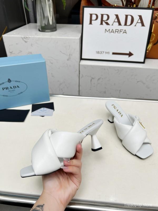 2025 Women Prada White Calf Leather Heeled Slide LY00270
