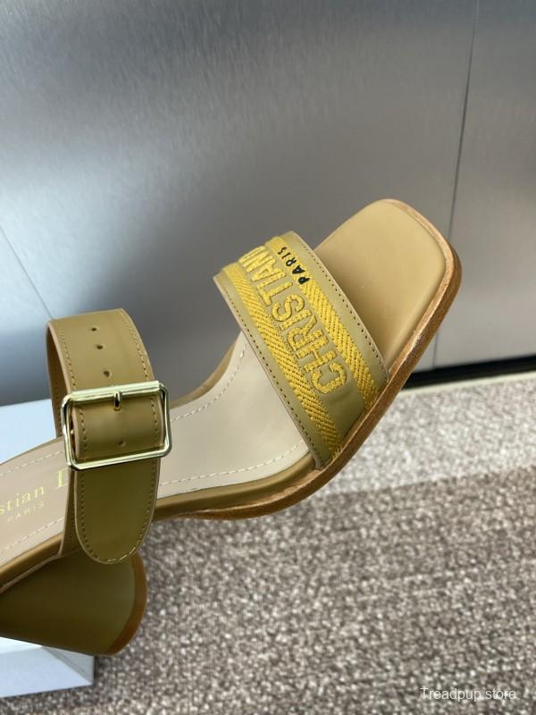 2025 Women Dior Yellow Leather Sandals Christian Dior Logo