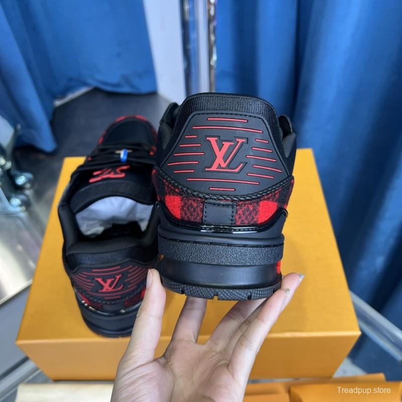 2025 Unisex Louis Vuitton Black Red Leather Sneakers