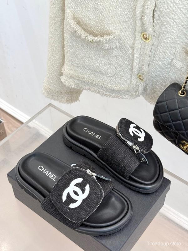 2025 CHANEL Black Fabric Slippers KFY00220