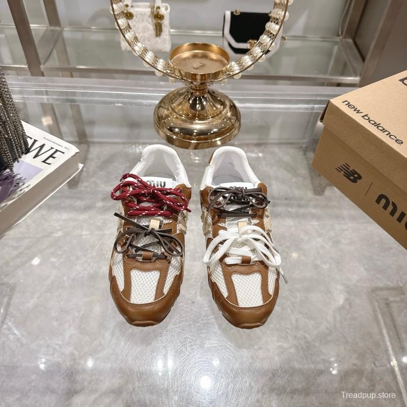 2025 Women Miumiu Brown White Leather Mesh Sneakers