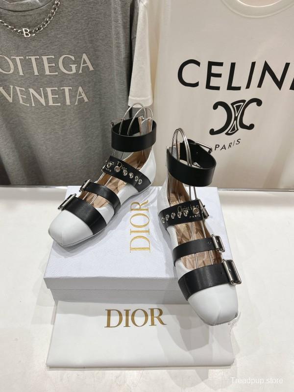 2025 Women Dior White Black Leather Mary Jane Buckle Ballerina KFY00320