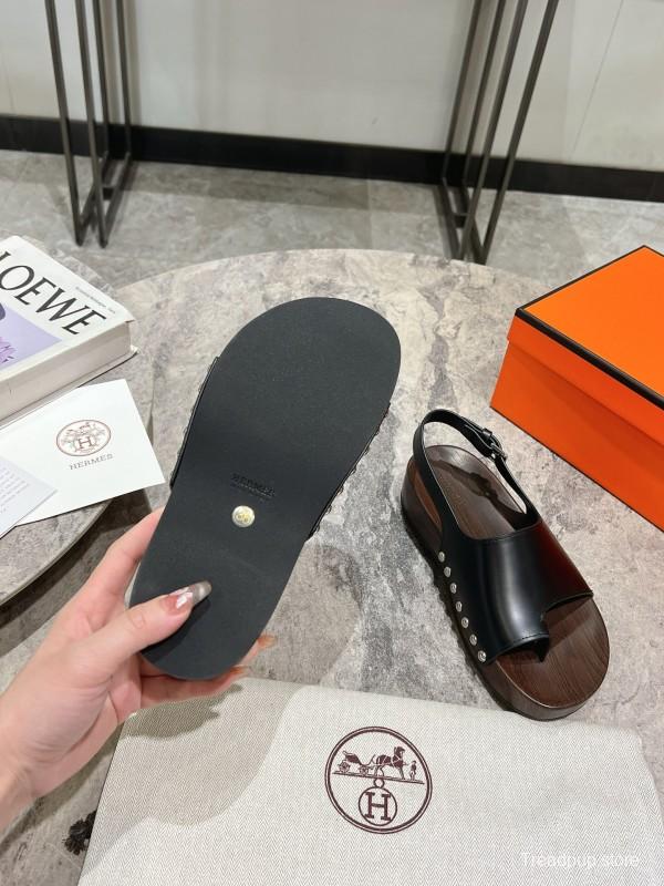2025 Women Hermès Black Leather Sandals