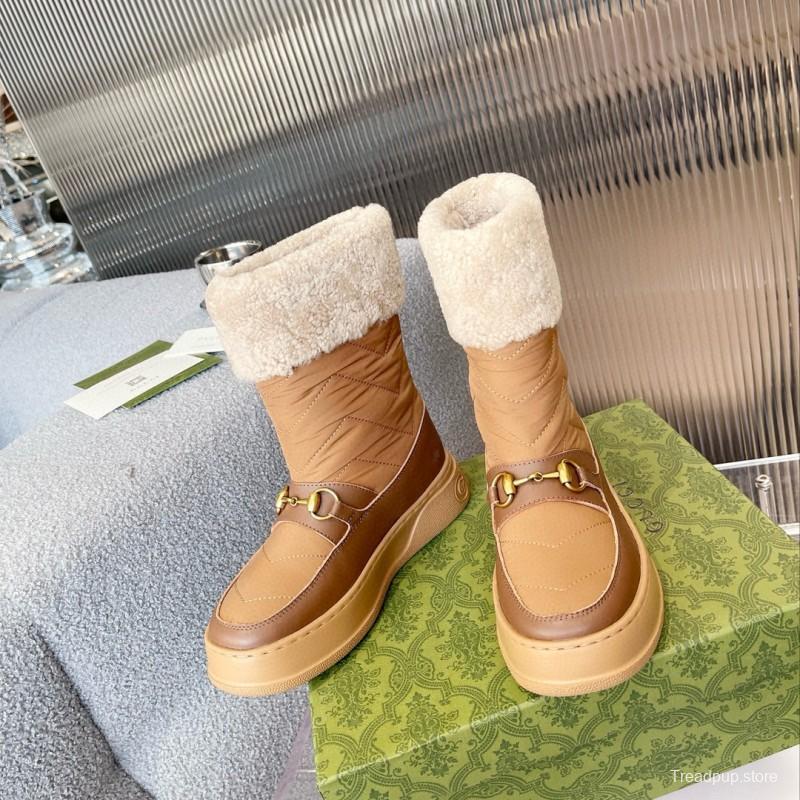 2024 Women Gucci Brown Tan Leather Shearling Lined Snow Boots MJ00420