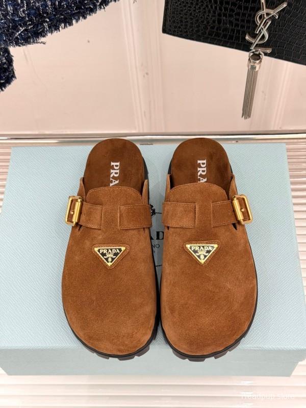 2025 Women Prada Brown Suede Slippers KFY00280