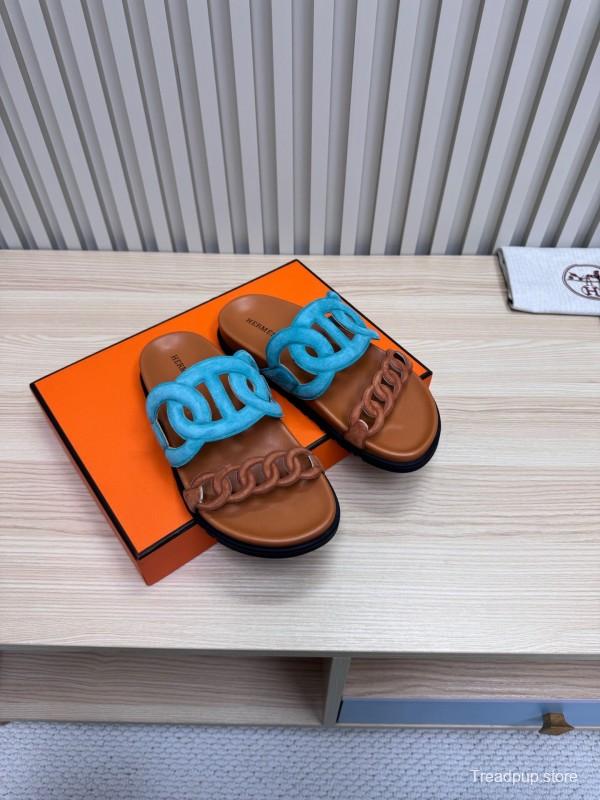2025 Slippers Hermès Blue Brown Leather Slippers