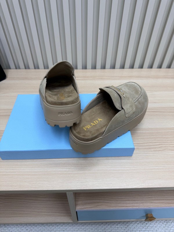 2025 Women Prada Khaki Suede Platform Loafers