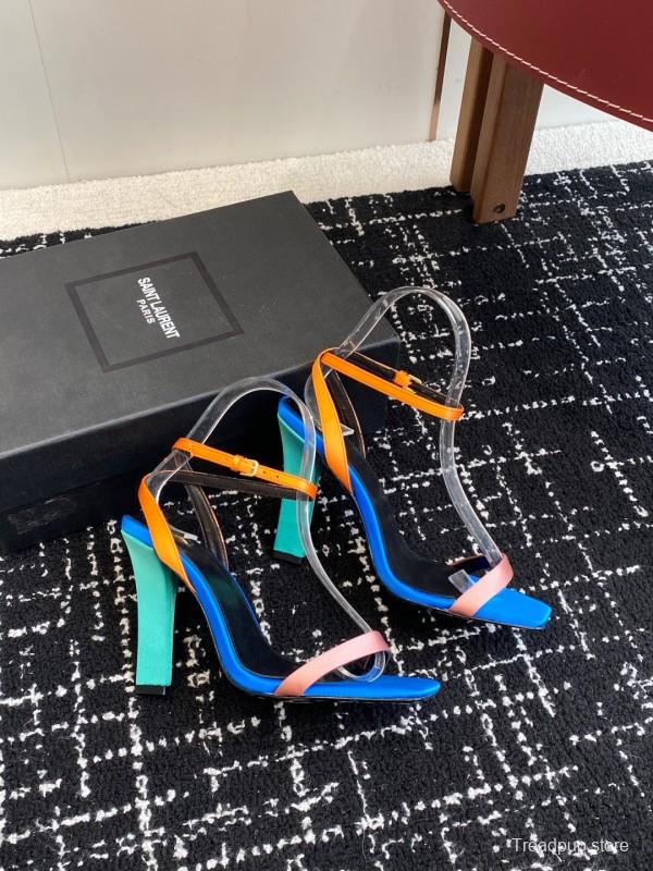 2025 Women Yves Saint Laurent Blue Orange Pink Leather Suede High Heel Sandals