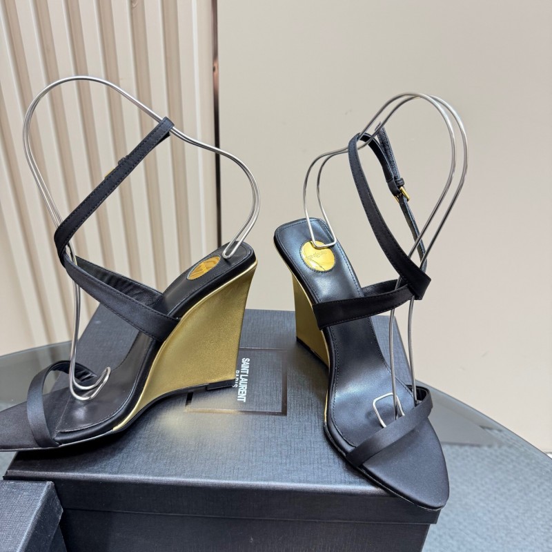 2025 Women Yves Saint Laurent Black And Gold Wedge Sandals Premium Leather Elegant Design LY00360(F)