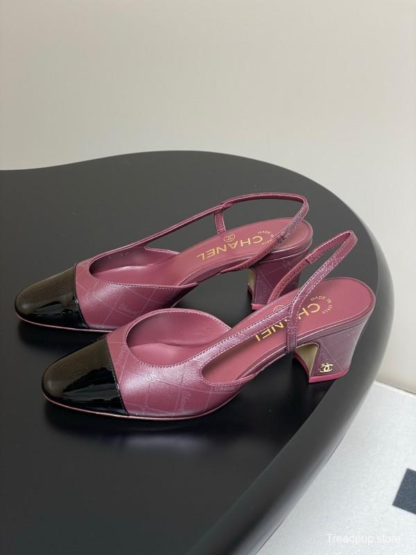 2025 Women Chanel Burgundy Black Leather Sling-back Chunky Heel