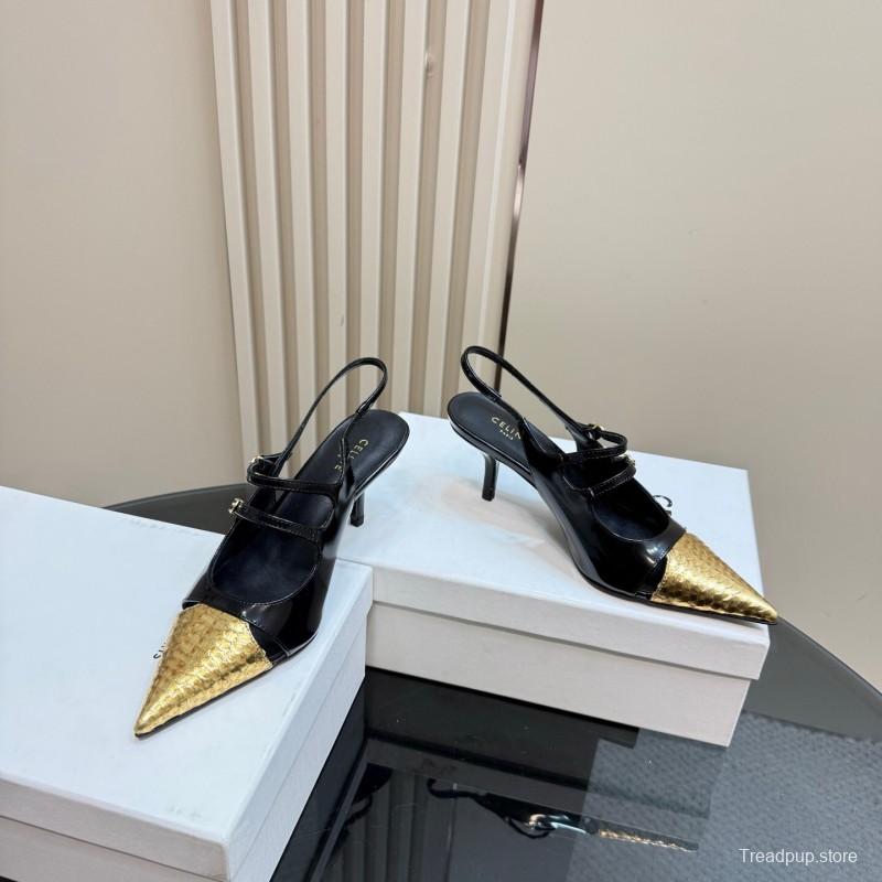 2025 Women CELIN* Black Gold Leather Pointed Toe Slingback Heels