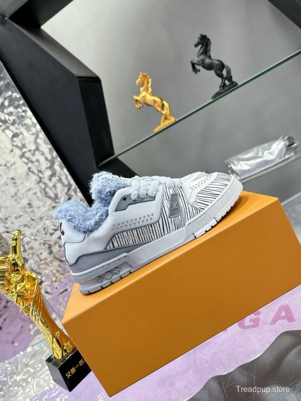 2024 Women Louis Vuitton White Grey Leather Fur Sneakers