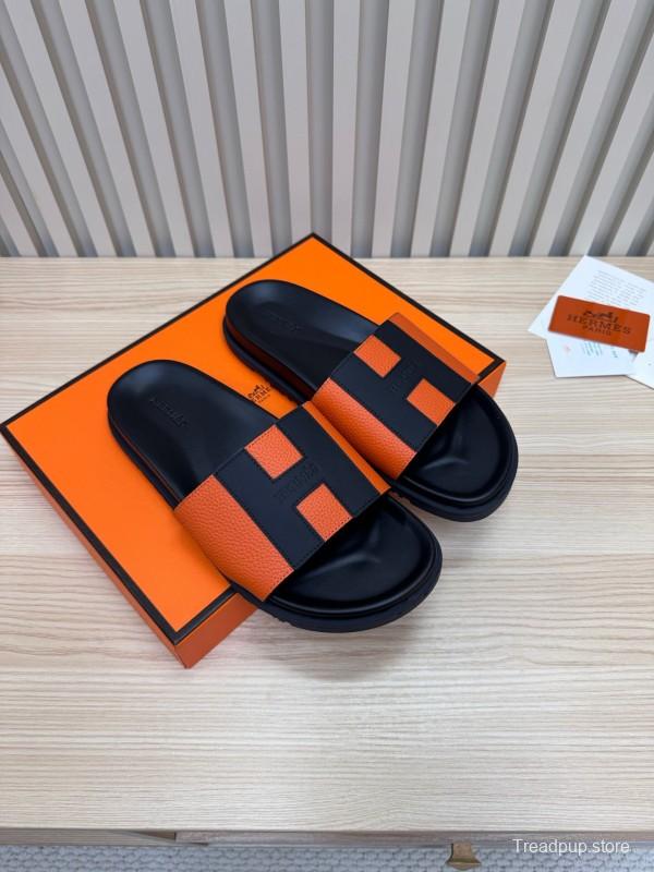 2025 Slippers Hermès Orange Black Leather Slippers
