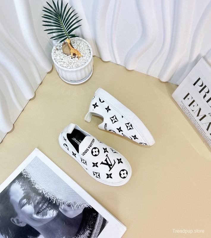 2024 Kids Louis Vuitton White Black Pink Canvas Slip-On Sneakers