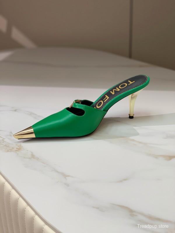 2025 Women TOM FORD Green Gold Leather Pointed Toe Mules KFY00300