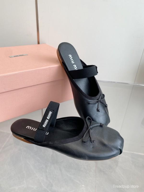 2025 Women Miu Miu Black Leather Ballet Flat Elastic Band