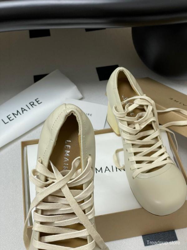 2025 Women Lemaire Ivory Leather Round Toe Block Heel Lace Up KFY00310