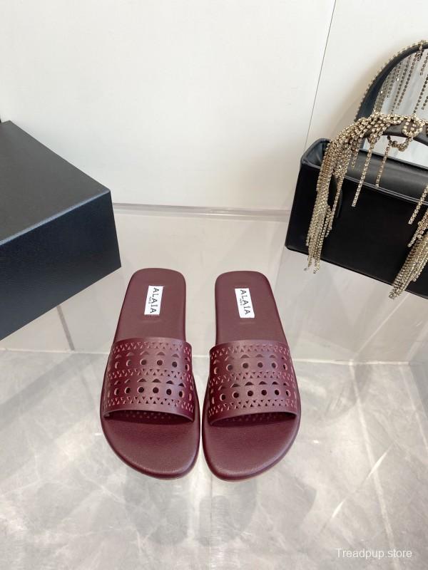 2025 Slippers Alaia Burgundy Leather Slippers KFY00280